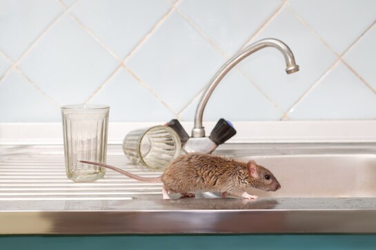 A mouse running down a sink.